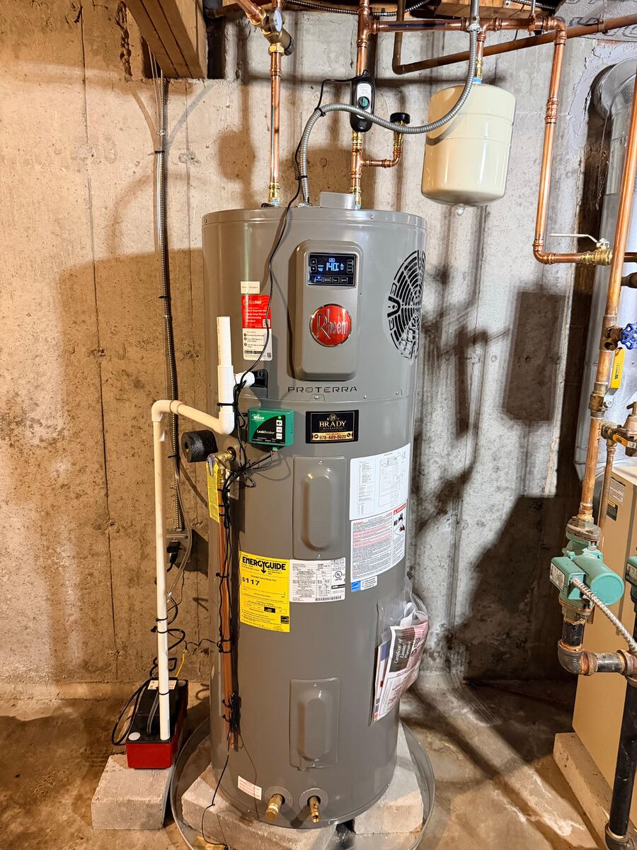 High-efficiency heat pump water heater installed by Brady Mechanical